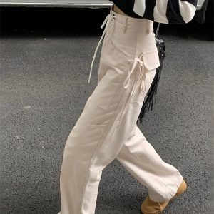 Casual Y2K White Lace-Up Cargo Pants with Side Drawstring Design for Trendy Streetwear 2023