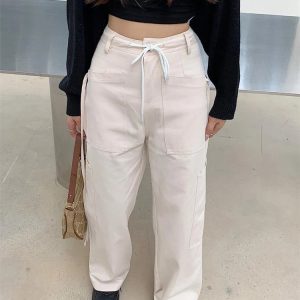 Casual Y2K White Lace-Up Cargo Pants with Side Drawstring Design for Trendy Streetwear 2023