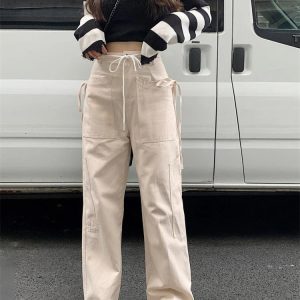 Casual Y2K White Lace-Up Cargo Pants with Side Drawstring Design for Trendy Streetwear 2023