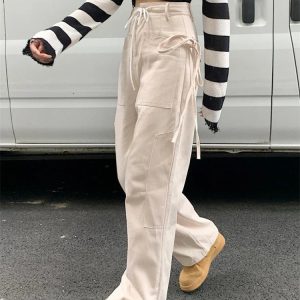 Casual Y2K White Lace-Up Cargo Pants with Side Drawstring Design for Trendy Streetwear 2023