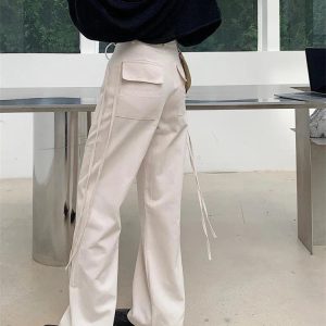 Casual Y2K White Lace-Up Cargo Pants with Side Drawstring Design for Trendy Streetwear 2023