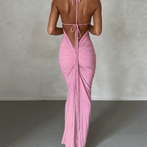 Charlize Backless Empire Maxi Dress - Y2K Aesthetic Evening Gown for Effortless Elegance