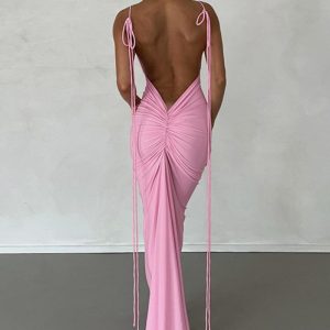 Charlize Backless Empire Maxi Dress - Y2K Aesthetic Evening Gown for Effortless Elegance