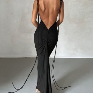 Charlize Backless Empire Maxi Dress - Y2K Aesthetic Evening Gown for Effortless Elegance