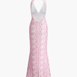 Cherry Blossom Halter Backless Dress - Y2K Aesthetic Floral Maxi for Coquette Style