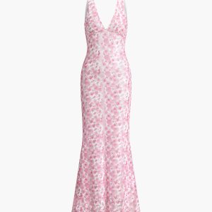 Cherry Blossom Halter Backless Dress - Y2K Aesthetic Floral Maxi for Coquette Style