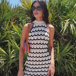 Chevron Pattern Y2K Halter Sweater Dress - Trendy Coquette Aesthetic Fashion Piece