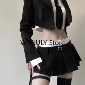 Chic 2024 Vintage 3-Piece Y2K Fashion Set: Black Blazer, Casual Shirt & Slim Mini Skirt