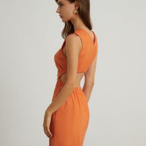 Chic Back Cutout Linen Midi Dress for Effortless Y2K Style and Coquette Aesthetic