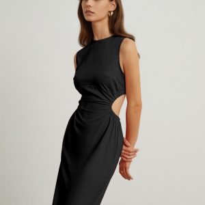 Chic Back Cutout Linen Midi Dress for Effortless Y2K Style and Coquette Aesthetic