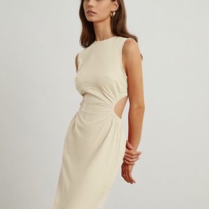 Chic Back Cutout Linen Midi Dress for Effortless Y2K Style and Coquette Aesthetic