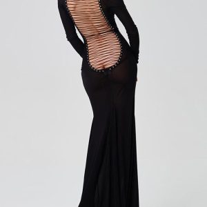 Chic Backless Bandage Mesh Maxi Dress for Y2K Aesthetic and Coquette Style Lovers