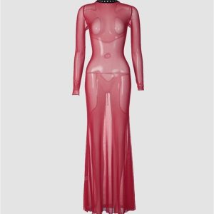 Chic Backless Bandage Mesh Maxi Dress for Y2K Aesthetic and Coquette Style Lovers