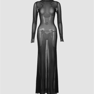 Chic Backless Bandage Mesh Maxi Dress for Y2K Aesthetic and Coquette Style Lovers