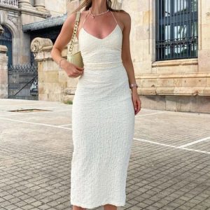 Chic Backless Bodycon Dress for Women - Deep V Neck Lace-Up Sundress with Slit Detail