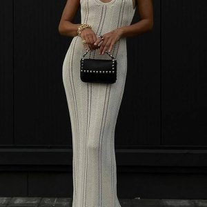 Chic Backless Hollow Out Knit Tank Dress for Y2K Aesthetic and Coquette Style