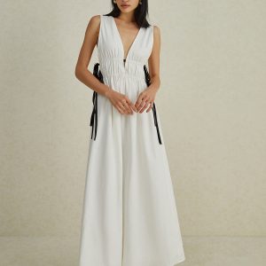 Chic Backless V-Neck Drawstring Maxi Dress for Effortless Y2K Aesthetic Style