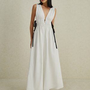 Chic Backless V-Neck Drawstring Maxi Dress for Effortless Y2K Aesthetic Style