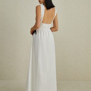 Chic Backless V-Neck Drawstring Maxi Dress for Effortless Y2K Aesthetic Style