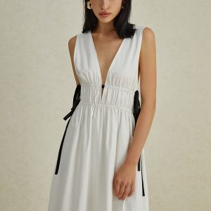 Chic Backless V-Neck Drawstring Maxi Dress for Effortless Y2K Aesthetic Style