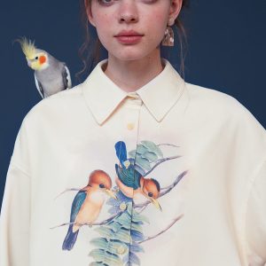 Chic Bird-and-Flower Blouse for a Y2K Aesthetic Look in Nature-Inspired Fashion