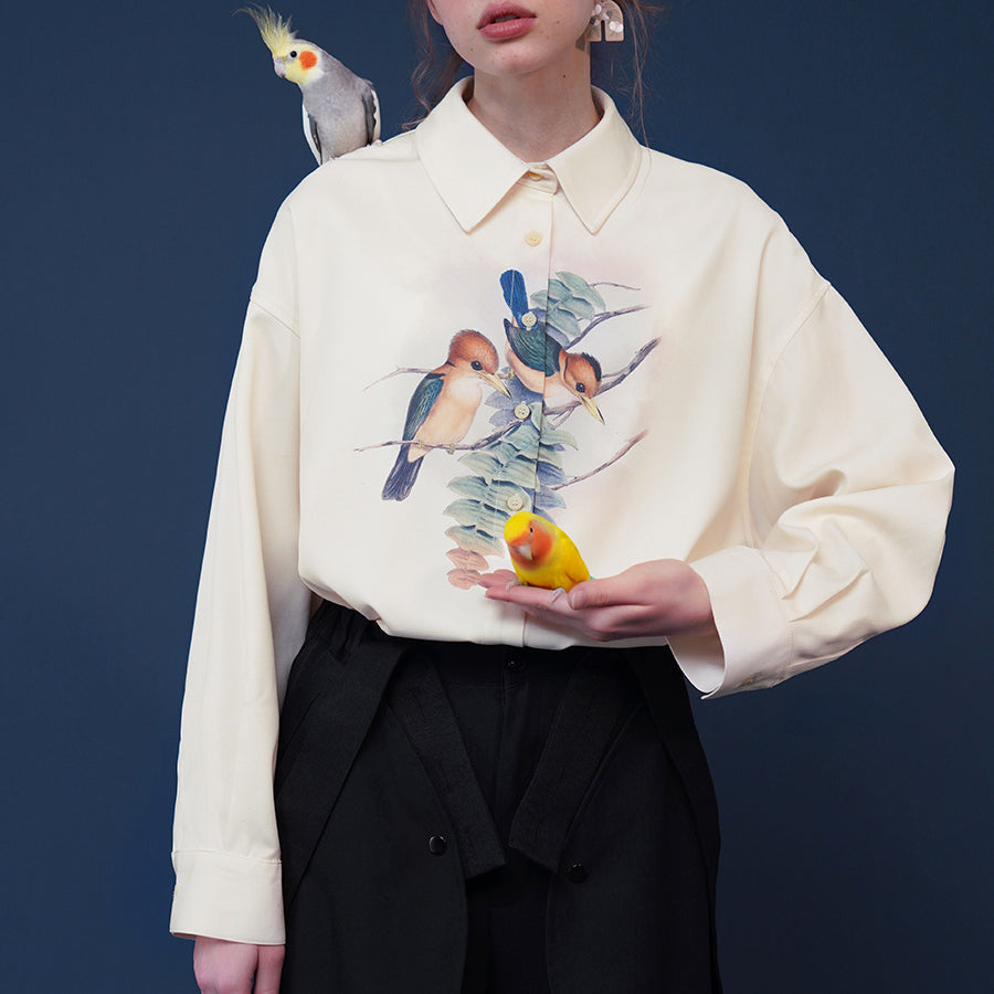 Chic Bird-and-Flower Blouse for a Y2K Aesthetic Look in Nature-Inspired Fashion