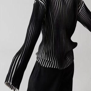 Chic Black and White Contrast Turtleneck Knit Sweater for Y2K and Grunge Aesthetic Styles