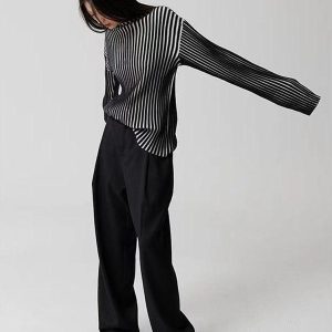 Chic Black and White Contrast Turtleneck Knit Sweater for Y2K and Grunge Aesthetic Styles