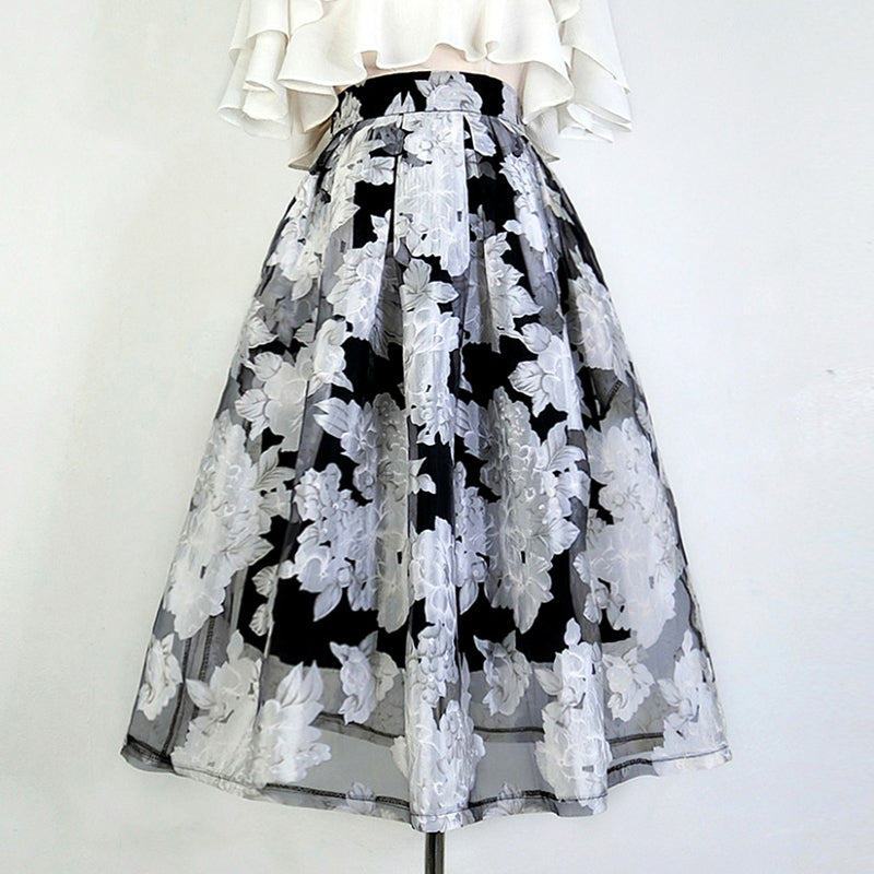 Chic Black and White Floral Embroidery Hepburn Skirt for Y2K and Coquette Aesthetic