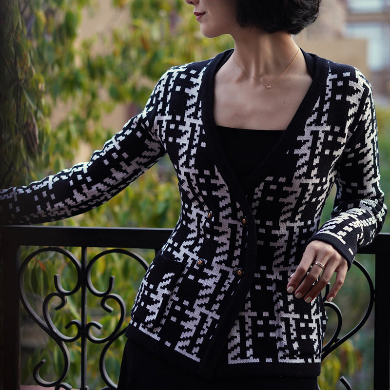 Chic Black and White Geometric Knit Jacket for Y2K Fashion and Aesthetic Outfits