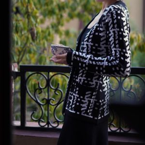 Chic Black and White Geometric Knit Jacket for Y2K Fashion and Aesthetic Outfits