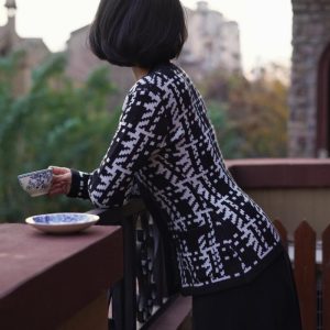 Chic Black and White Geometric Knit Jacket for Y2K Fashion and Aesthetic Outfits