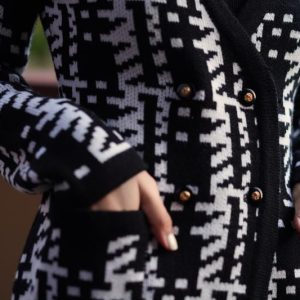 Chic Black and White Geometric Knit Jacket for Y2K Fashion and Aesthetic Outfits