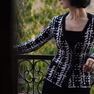 Chic Black and White Geometric Knit Jacket for Y2K Fashion and Aesthetic Outfits