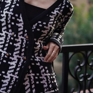 Chic Black and White Geometric Knit Jacket for Y2K Fashion and Aesthetic Outfits