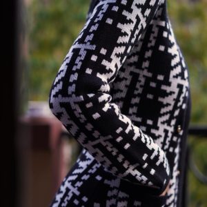 Chic Black and White Geometric Knit Jacket for Y2K Fashion and Aesthetic Outfits