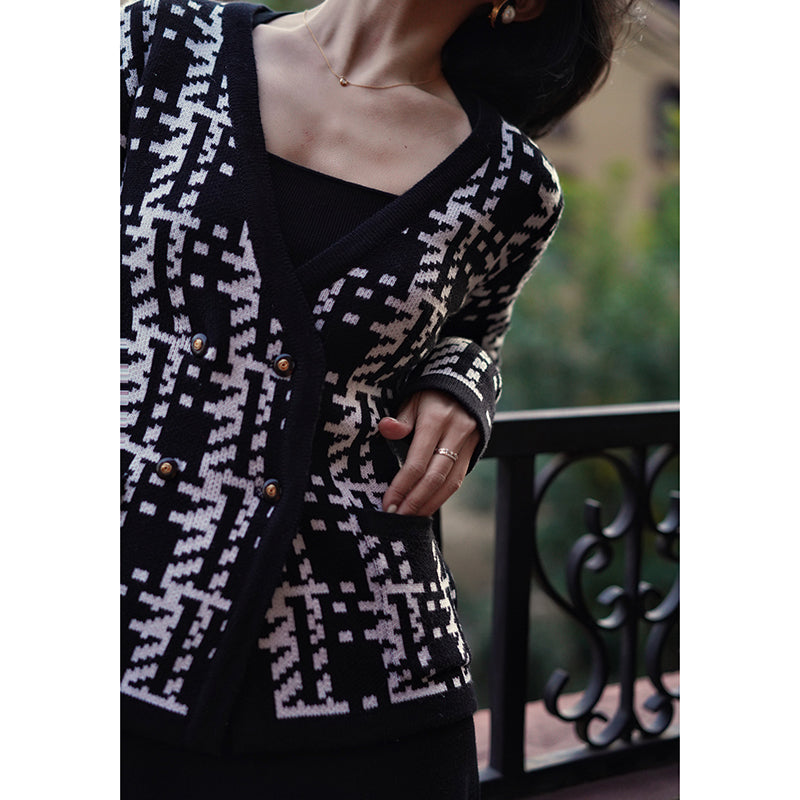 Chic Black and White Geometric Knit Jacket for Y2K Fashion and Aesthetic Outfits