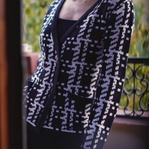 Chic Black and White Geometric Knit Jacket for Y2K Fashion and Aesthetic Outfits