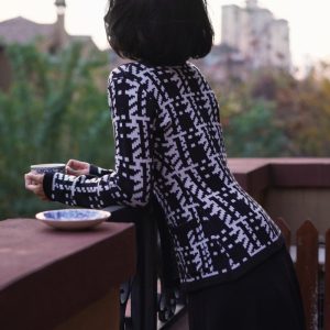 Chic Black and White Geometric Knit Jacket for Y2K Fashion and Aesthetic Outfits