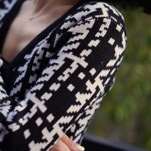 Chic Black and White Geometric Knit Jacket for Y2K Fashion and Aesthetic Outfits