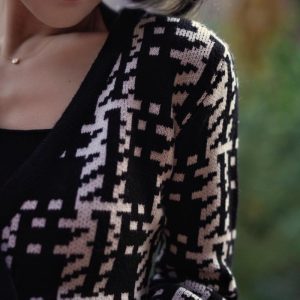 Chic Black and White Geometric Knit Jacket for Y2K Fashion and Aesthetic Outfits