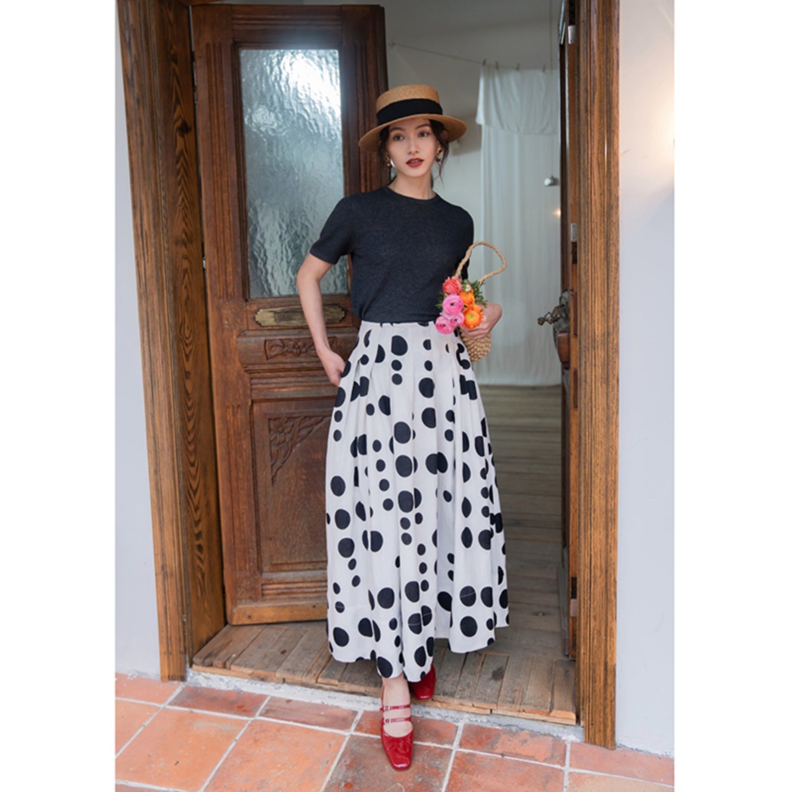 Chic Black and White Polka Dot Long Skirt for Y2K Fashion and Coquette Aesthetic Outfits