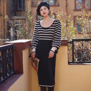 Chic Black and White Striped Knit Dress for Y2K Fashion and Coquette Aesthetic Styles