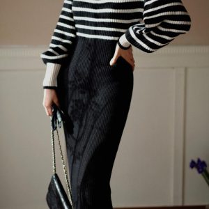 Chic Black and White Striped Knit Dress for Y2K Fashion and Coquette Aesthetic Styles