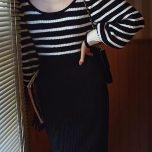 Chic Black and White Striped Knit Dress for Y2K Fashion and Coquette Aesthetic Styles