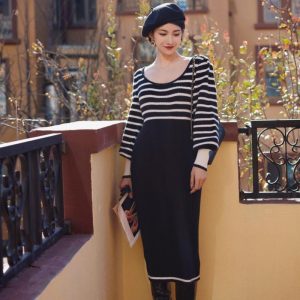 Chic Black and White Striped Knit Dress for Y2K Fashion and Coquette Aesthetic Styles