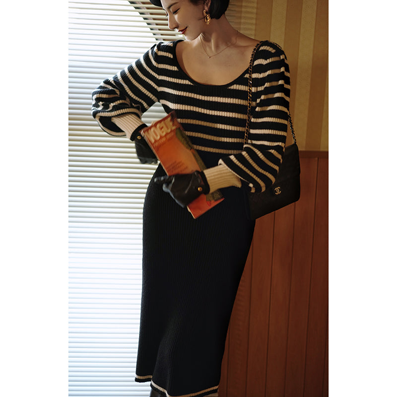 Chic Black and White Striped Knit Dress for Y2K Fashion and Coquette Aesthetic Styles