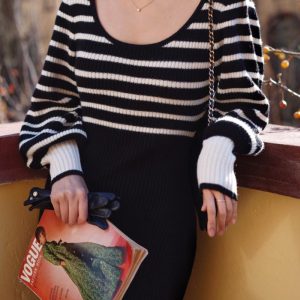 Chic Black and White Striped Knit Dress for Y2K Fashion and Coquette Aesthetic Styles