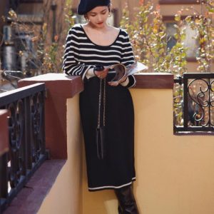 Chic Black and White Striped Knit Dress for Y2K Fashion and Coquette Aesthetic Styles