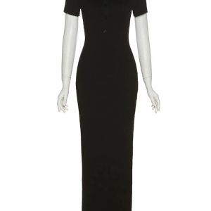 Chic Black Knitted Bodycon Dress with V-Neck & Split Hem for Casual Party Vibes